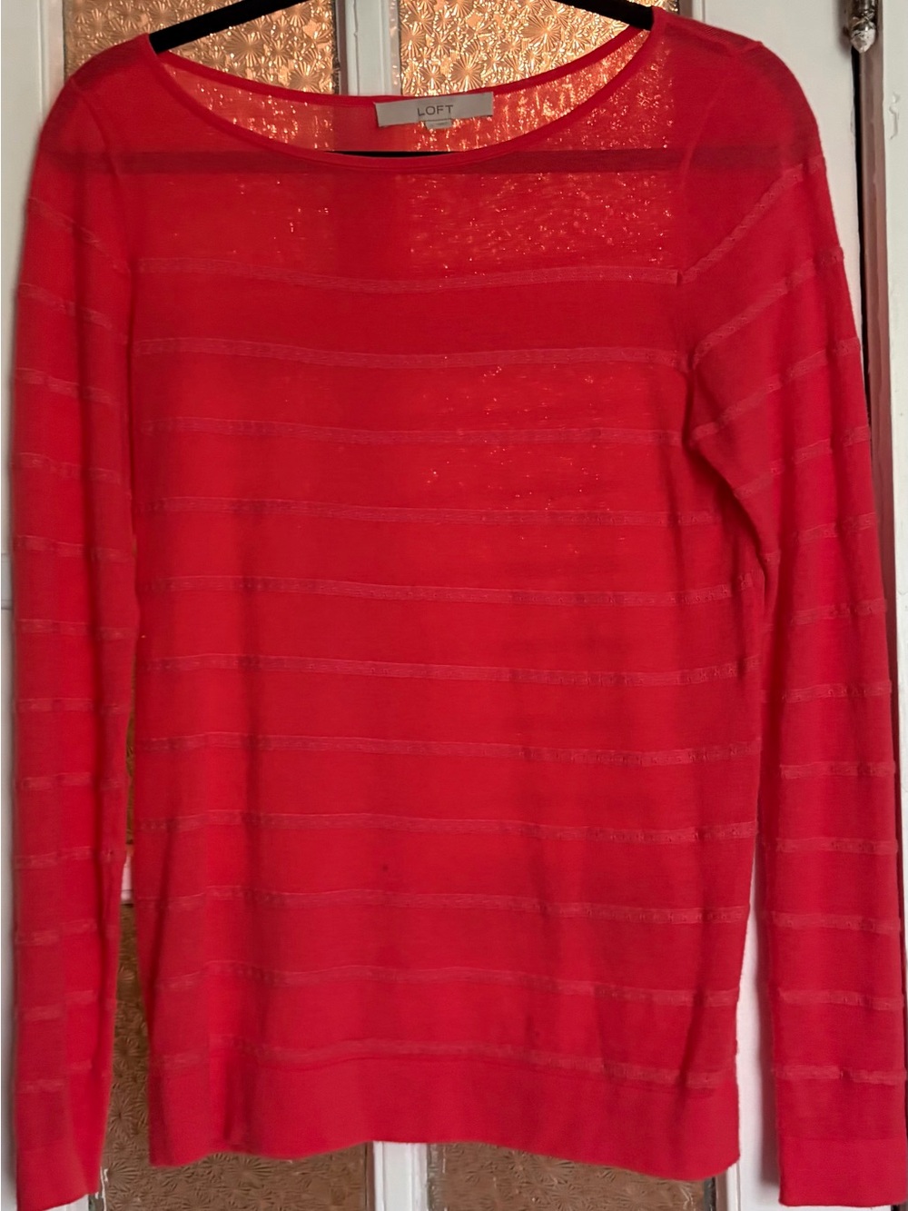 LOFT Sheer-Striped Long Sleeve Coral knit top. Crew neck. Size small. EUC